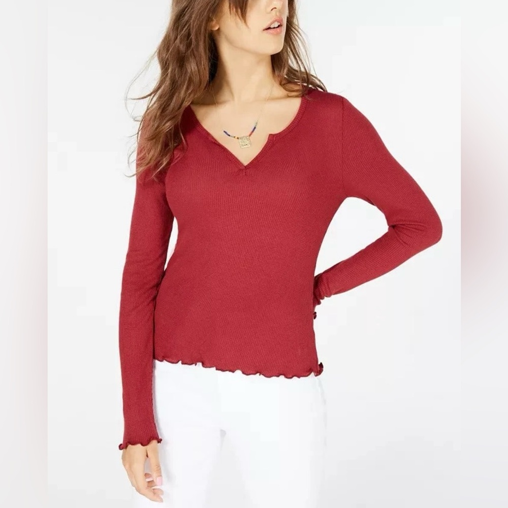 NWT Hippie Rose Junior's Waffle Knit Lettuce Edge Top Red Size XL